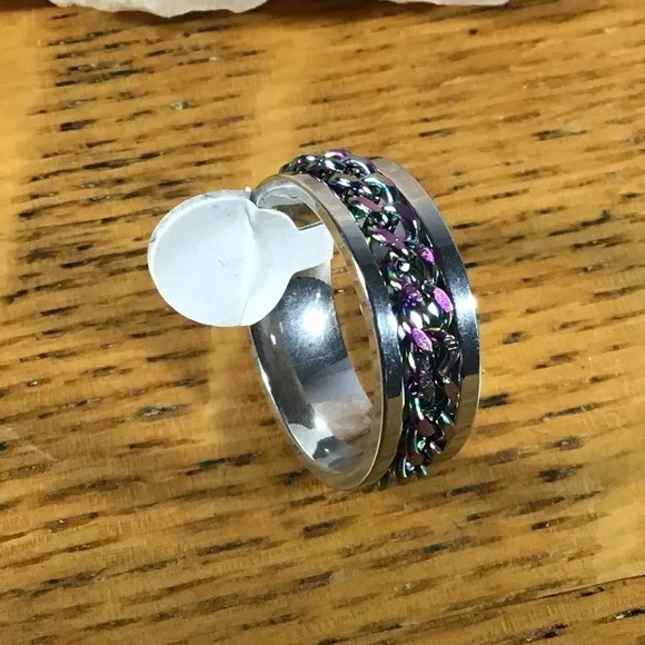Silver Stainless Steel Rainbow Fidget Chain Band Ring - Picture 4 of 5